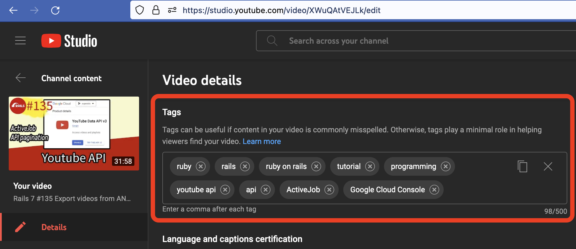 add tags to a youtube video